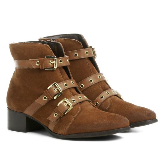 Bota Couro Cano Curto Shoestock Ilhós Feminina - Caramelo