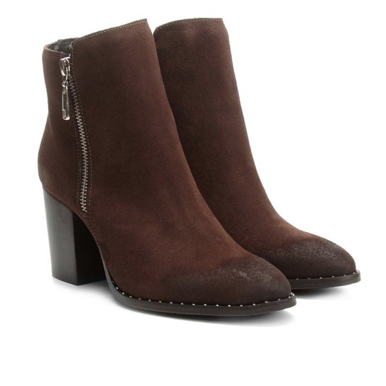 Bota Couro Cano Curto Shoestock Salto Bloco Feminina - Café