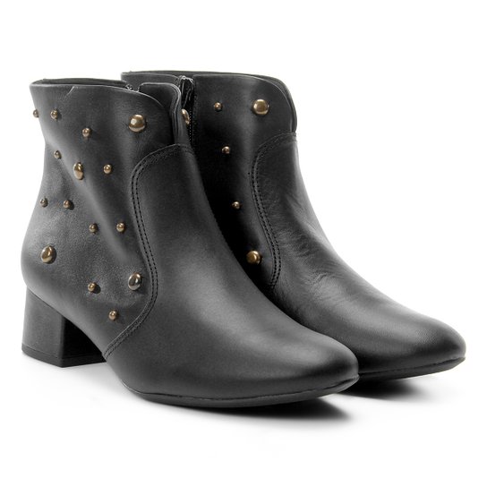Bota Couro Cano Curto Usaflex Tachas Laterais Feminina - Preto