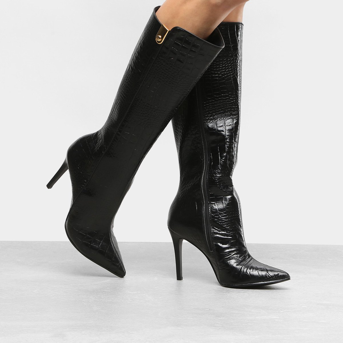 Bota Cano Alto Com Brilho Bota Couro Cano Longo Jorge Bischoff Salto Fino Croco Feminina | Zattini