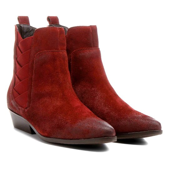 Bota Couro Chelsea Shoestock Bico Fino Elásticos Transpassados Feminina - Vinho