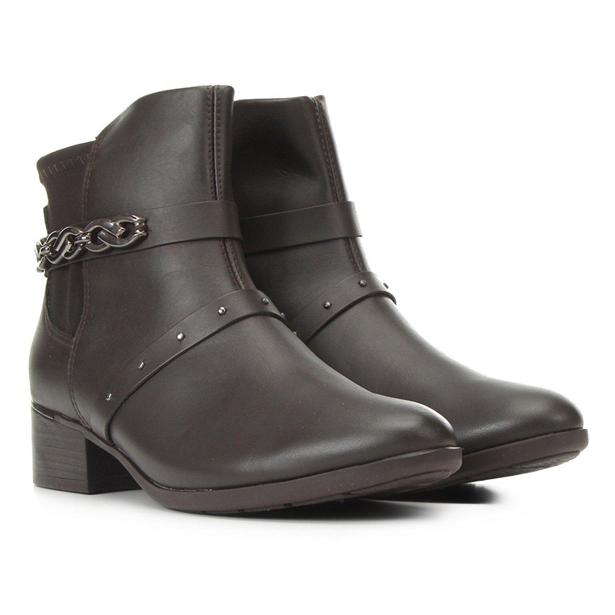 Bota Couro Comfortflex Corrente Cano Curto Feminina - Café Menor preço em Bota Couro Comfortflex Corrente Cano Curto Feminina - Café