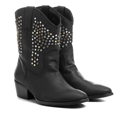 Bota Couro Country Shoestock Tachas e Pedras Feminina - Preto