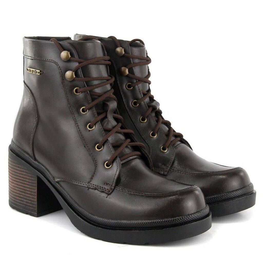 Bota Couro Feminina Salto Grosso Zíper Estilo Cadarço Casual