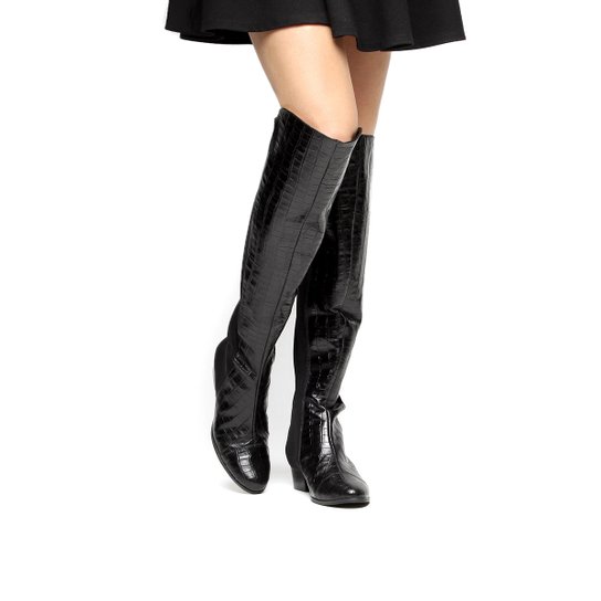 Bota Couro Over the Knee Shoestock Croco Feminina - Preto