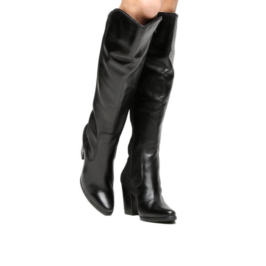 Bota Couro Over the Knee Shoestock Salto Grosso Feminina - Preto