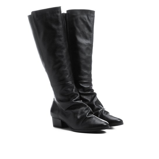 Bota Couro Shoestock Longa Enrugadinha Feminina - Preto