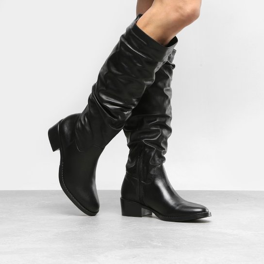 Bota Couro Slouch Shoestock Flat Feminina - Preto