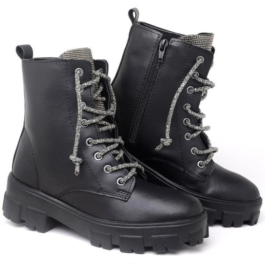 Bota Cuturno Feminino com Cadarço Brilhante e Sola Borracha