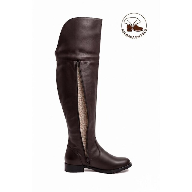 Bota de couro over cano longo feminina com pelo 7514P
