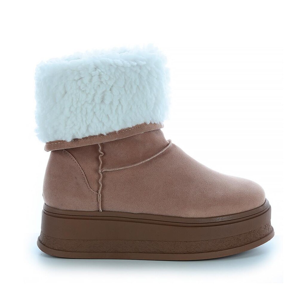 Bota de Pelos Forrada Salto Plataforma Cano Médio Bege com Branco