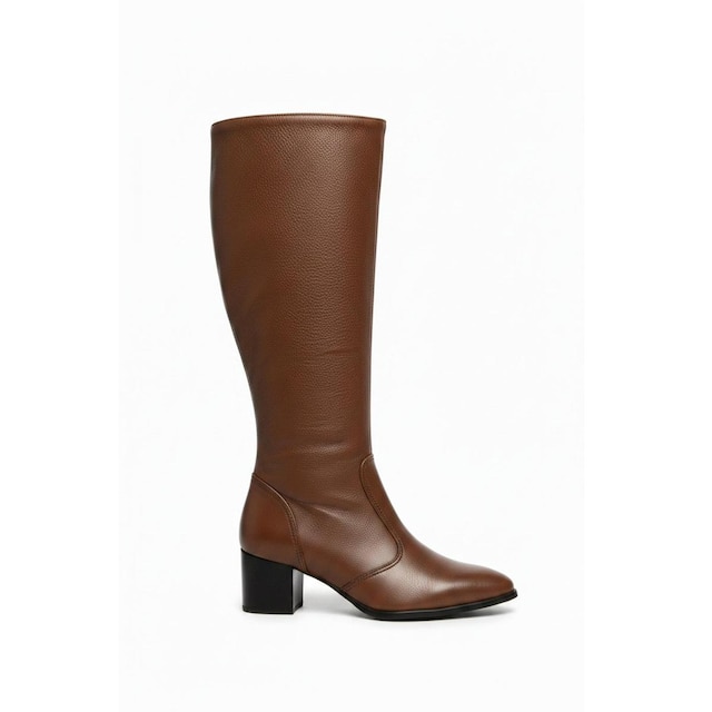 Bota em couro feminina cano longo com salto 025