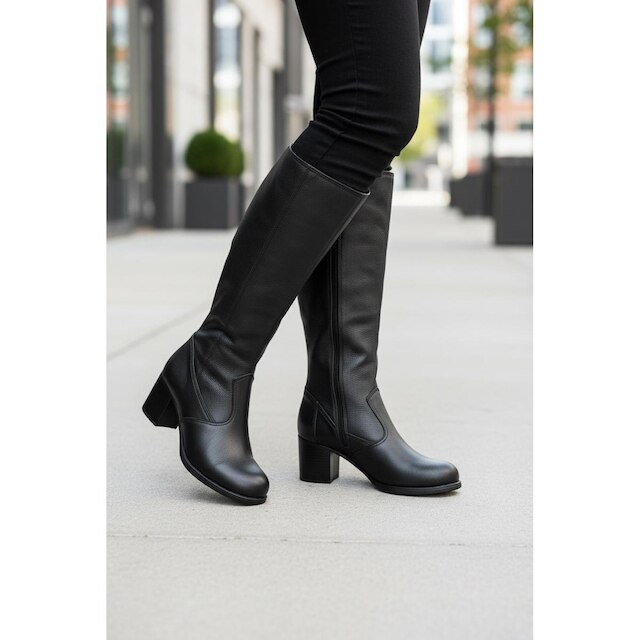 Bota em couro feminina cano longo salto médio 0280