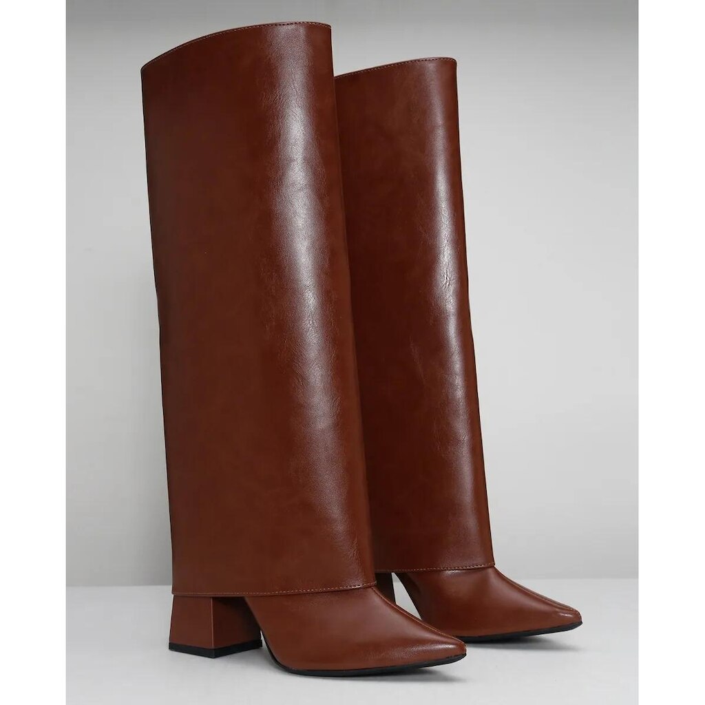 Bota Feminina 2 em 1 com Capa Cano Longo Salto Bloco Geométrico Bico Fino