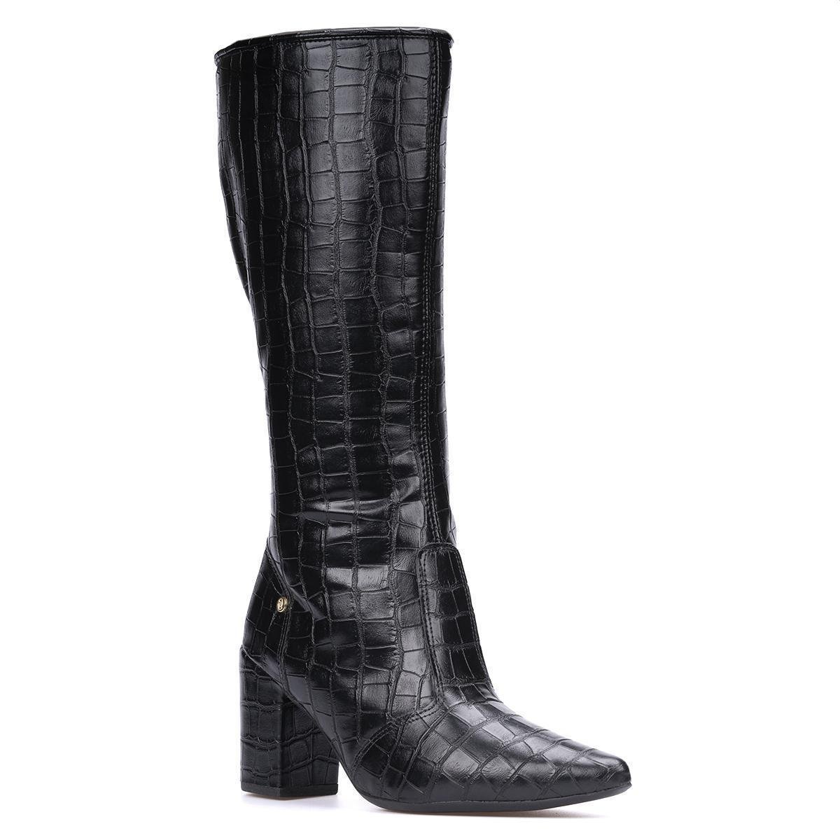 Bota Feminina Animal Print Cano Longo Bico Fino Salto Grosso Menor preço em Bota Feminina Animal Print Cano Longo Bico Fino Salto Grosso