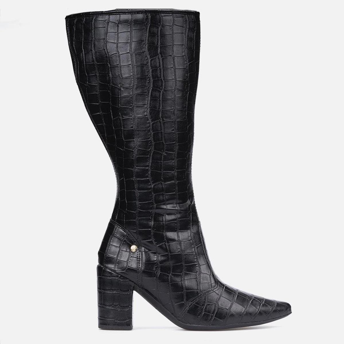 Bota Feminina Animal Print Cano Longo Bico Fino Salto Grosso Menor preço em Bota Feminina Animal Print Cano Longo Bico Fino Salto Grosso