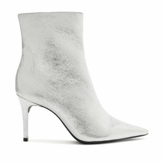 Bota Feminina Arezzo Original Bico Fino Couro Prata