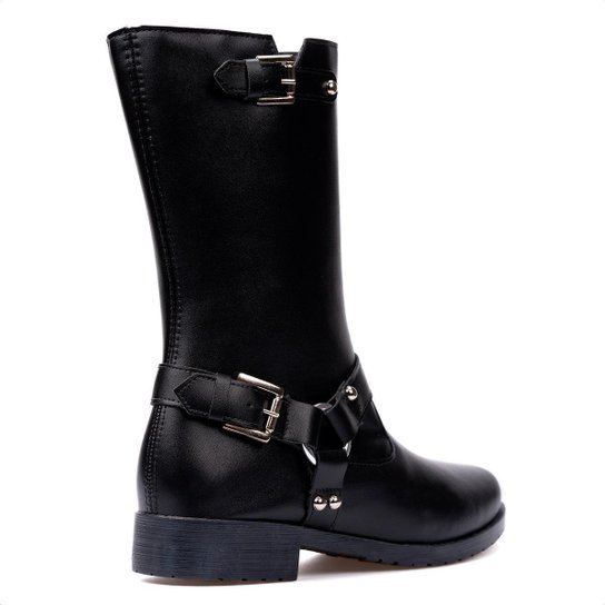 Bota Feminina Biker Tiras Fivelas Cano Médio Tendência Moda