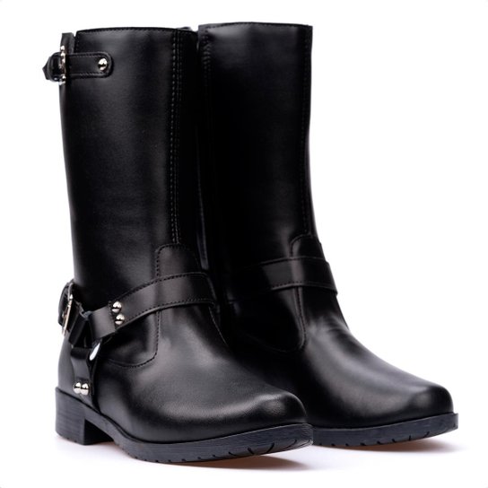 Bota Feminina Biker Tiras Fivelas Cano Médio Tendência Moda