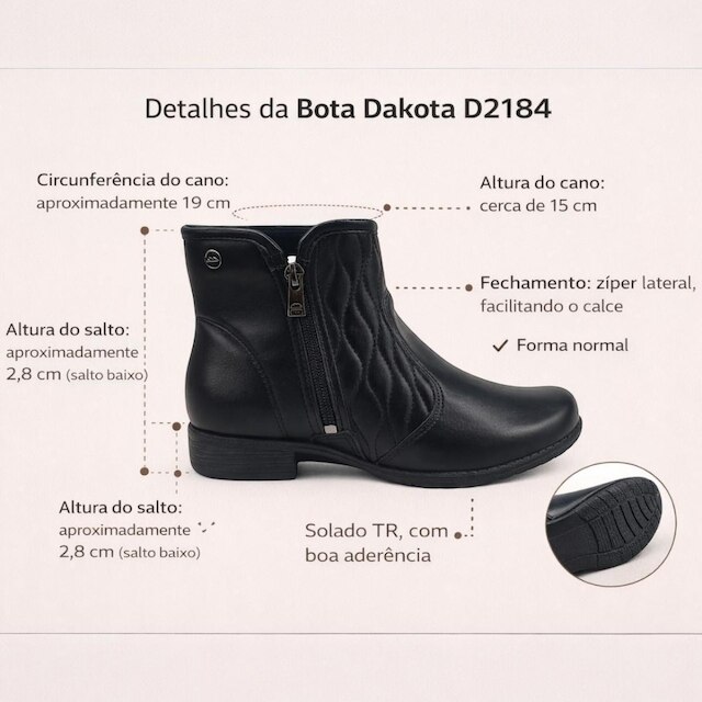 Bota Feminina Cano Curto Calce Fácil com Zíper Dakota D2184