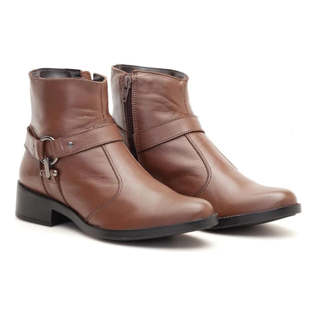 Bota Feminina Cano Curto Couro com Fivela Decorativa e Zíper Lateral Casual