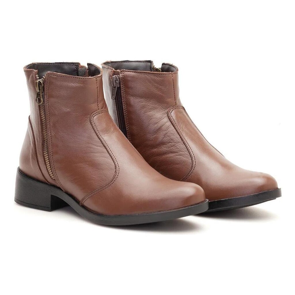 Bota Feminina Cano Curto Couro com Zíper Lateral Confortável Casual Dia a Dia