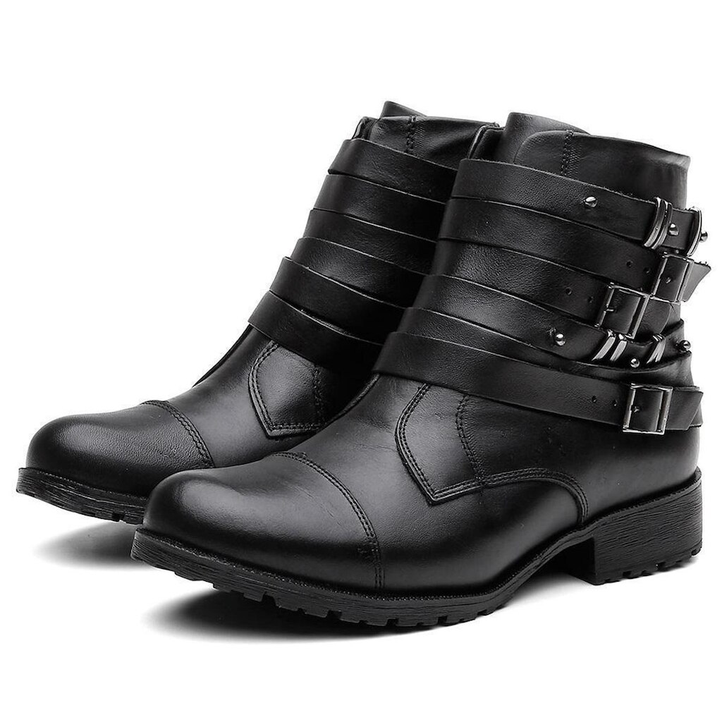 Bota Feminina Cano Curto Couro Salto Baixo Casual Fivela