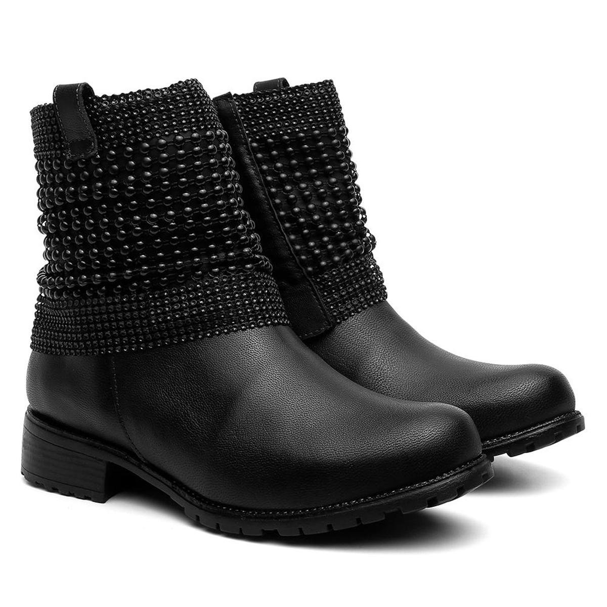 Bota Feminina Cano Curto Couro Salto Baixo Malha Metal Zattini