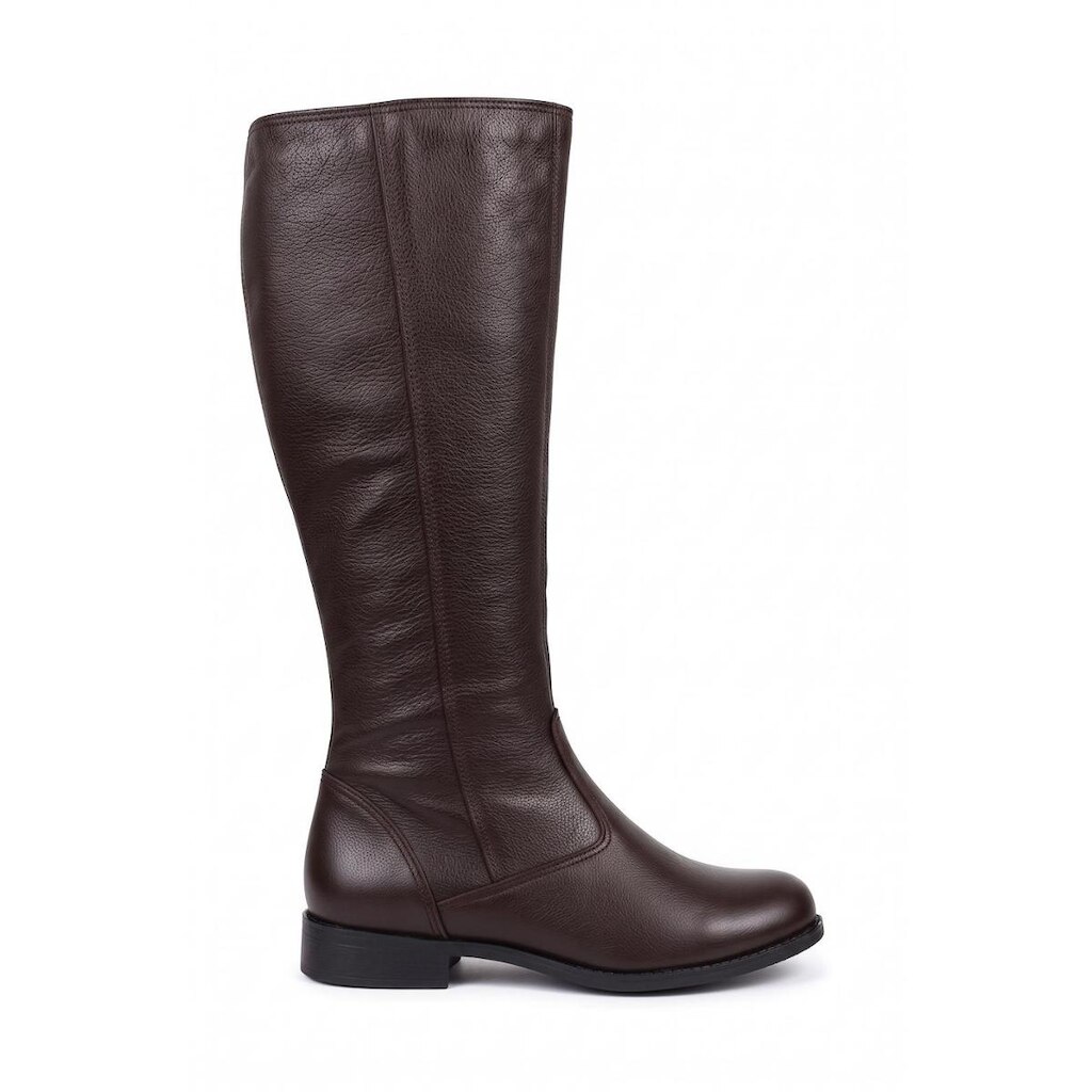Bota feminina cano longo em couro salto baixo 0291