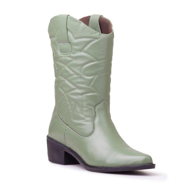 Bota Feminina Cano Longo Texana Couro Bordada Salto Bloco