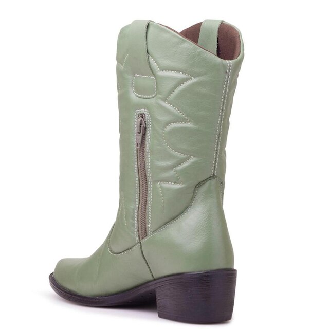 Bota Feminina Cano Longo Texana Couro Bordada Salto Bloco