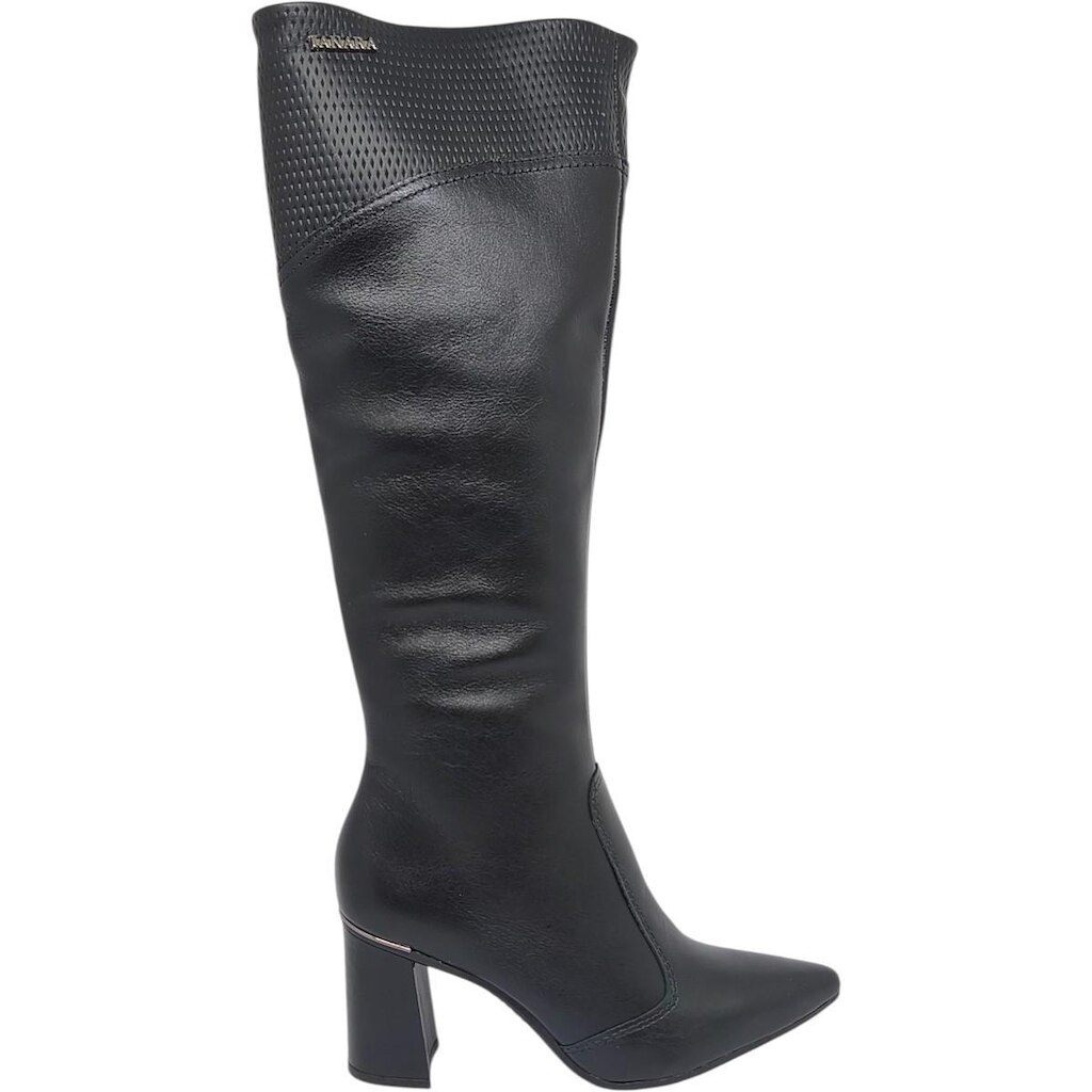 Bota Feminina Casual Dia a Dia Passeio Trabalho Festa Cano Longo em Couro Bico Fino Salto Bloco Médi
