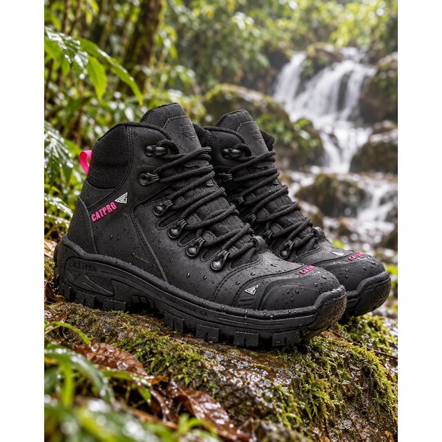 Bota Feminina CATPRO Couro Legitimo Macio Resistente Leve Trilhas Cano Médio Coturno Feminino Preto