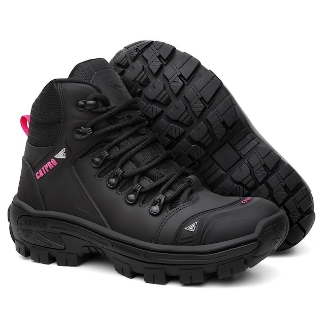 Bota Feminina CATPRO Couro Legitimo Macio Resistente Leve Trilhas Cano Médio Coturno Feminino Preto