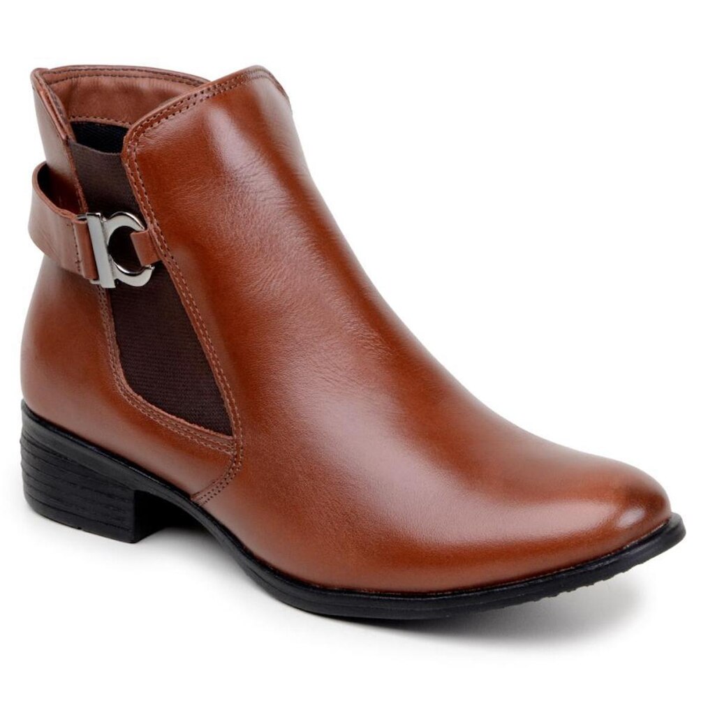 Bota Feminina Chelsea em Couro Cano Curto com Salto Baixo Caramelo