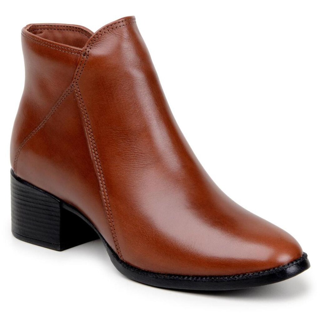 Bota Feminina Chelsea Lisa em Couro com Salto Médio e Zíper Caramelo