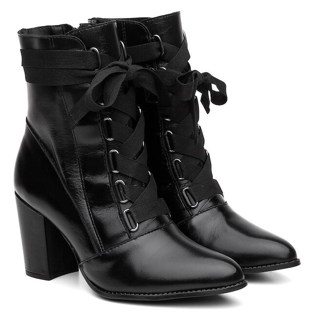 Bota Feminina Coturno Couro Salto Médio Cano Médio Casual