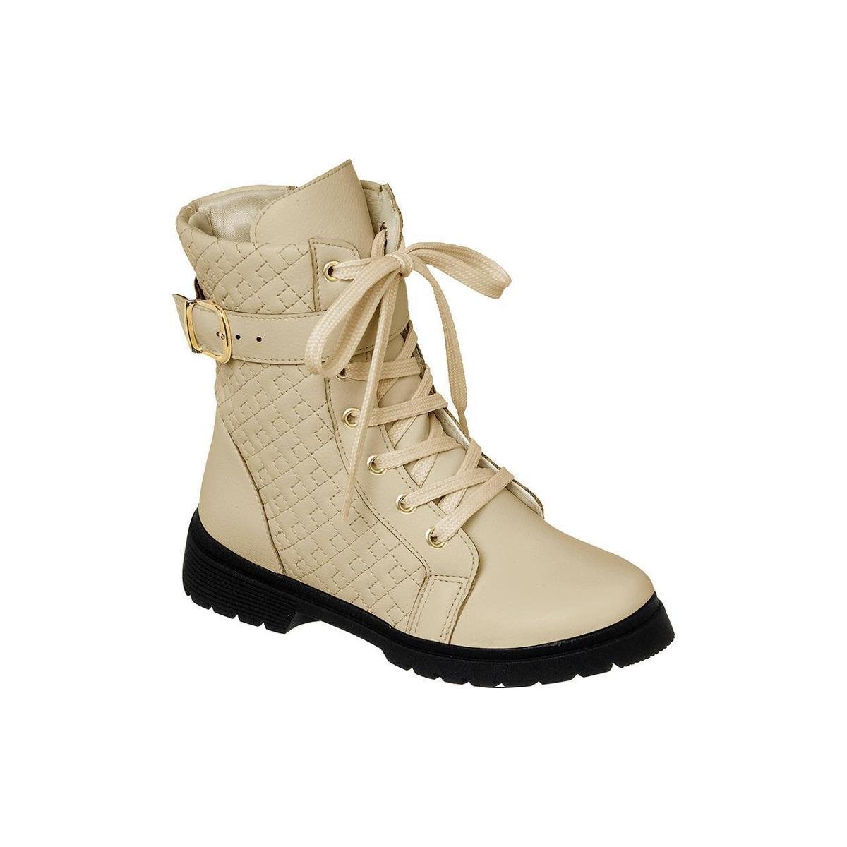 Bota Feminina Coturno Infantil Menina Fivela Cadarço - Off White+Preto Menor preço em Bota Feminina Coturno Infantil Menina Fivela Cadarço - Off White+Preto