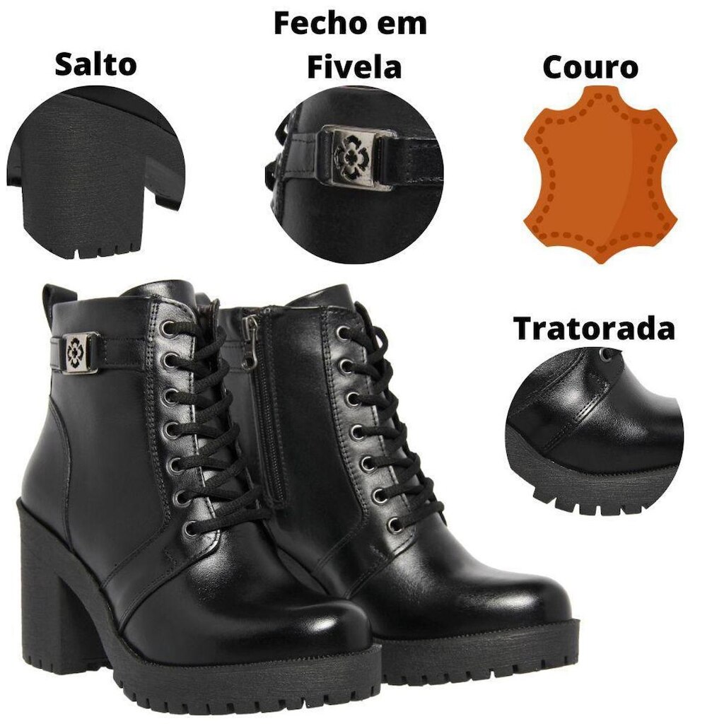 Bota Feminina Coturno Tratorada em Couro Cano Alto
