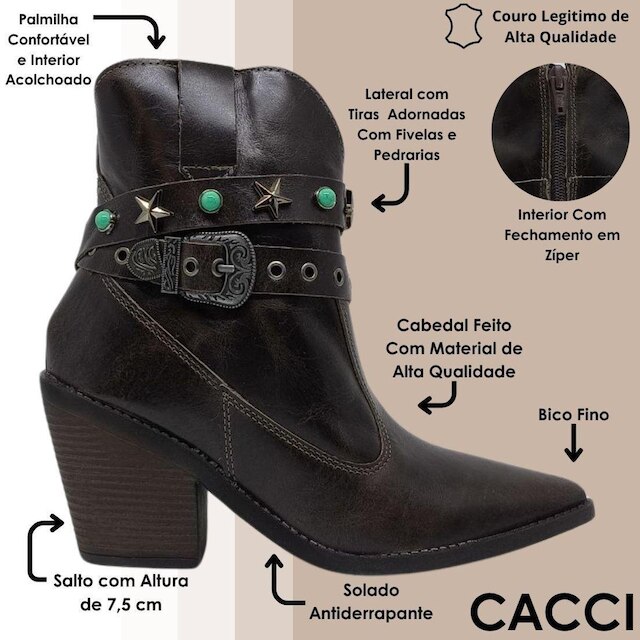 Bota Feminina Country Western Boho Conforto Bico Fino Cacci