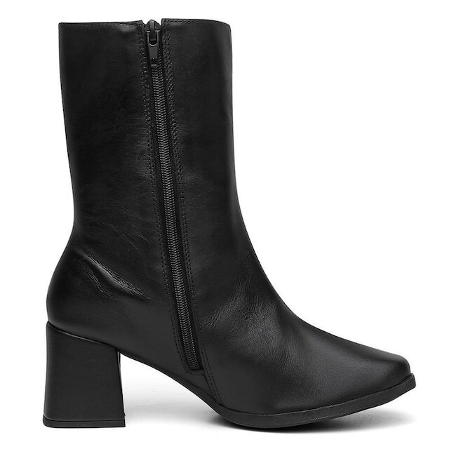 Bota Feminina Couro Cano Médio Salto Grosso Bico Quadrado