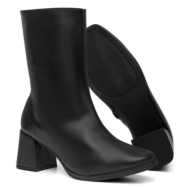 Bota Feminina Couro Cano Médio Salto Grosso Bico Quadrado