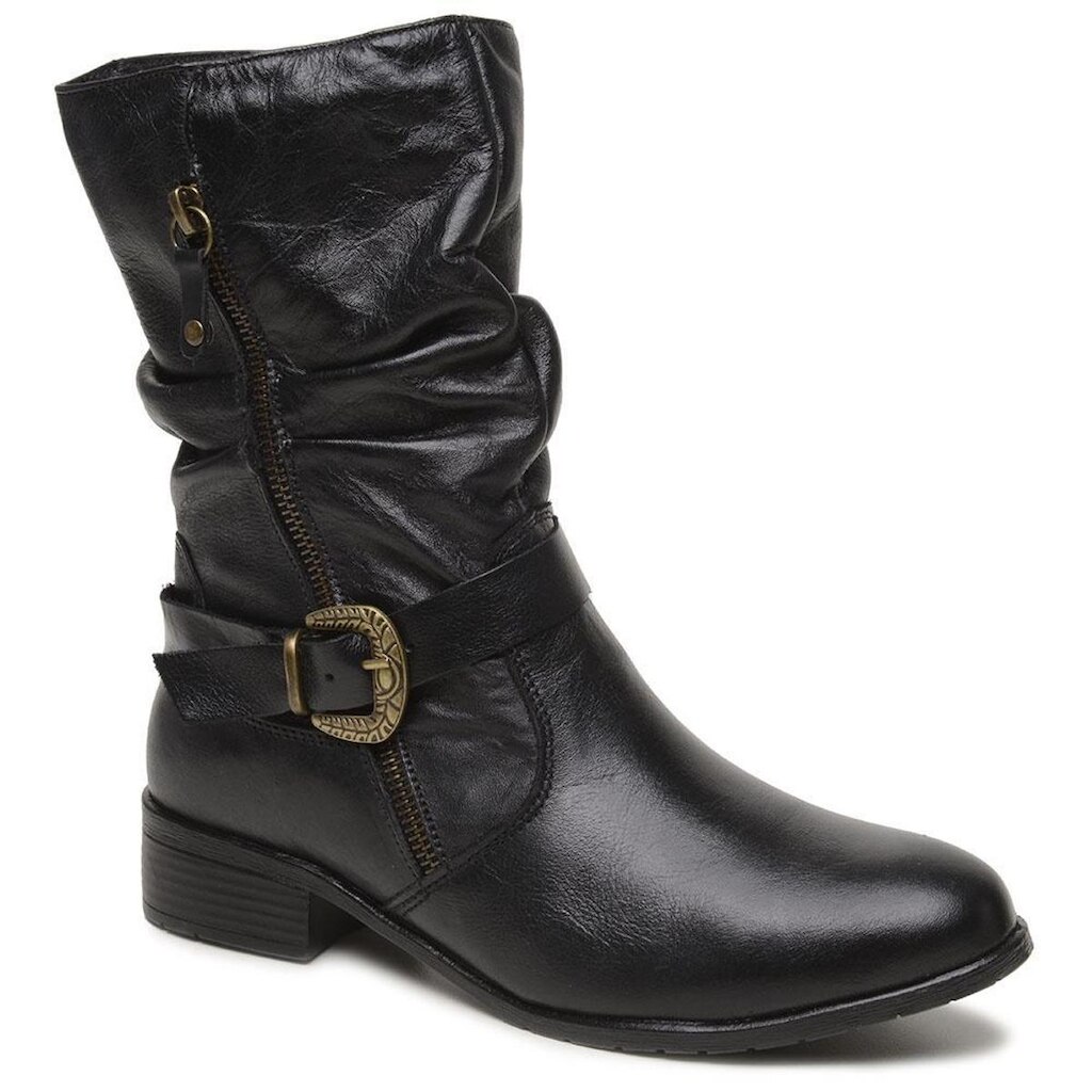 Bota Feminina Couro Cano Médio Sanfonada Salto Baixo Zíper