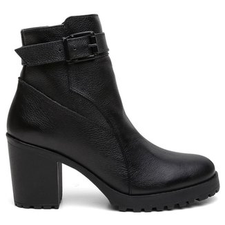 Bota Feminina Couro Casual Cano Médio Fivela Salto Tratorado