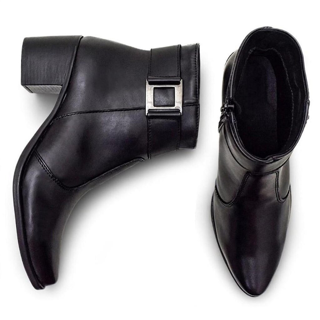 Bota Feminina Couro Fivela Salto Médio Casual Conforto
