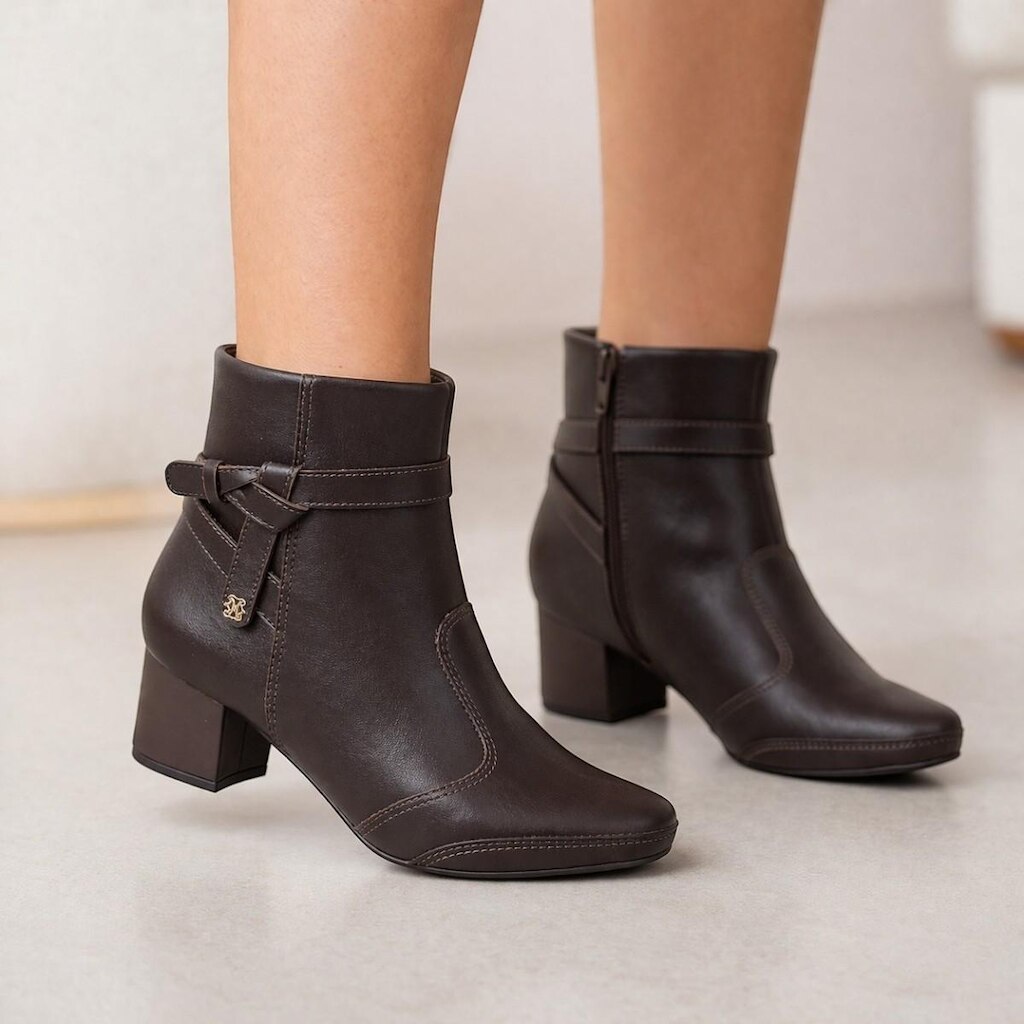 Bota Feminina De Couro Cano Baixo e Salto Baixo Bloco Confortável Salto Ramarim 2657102