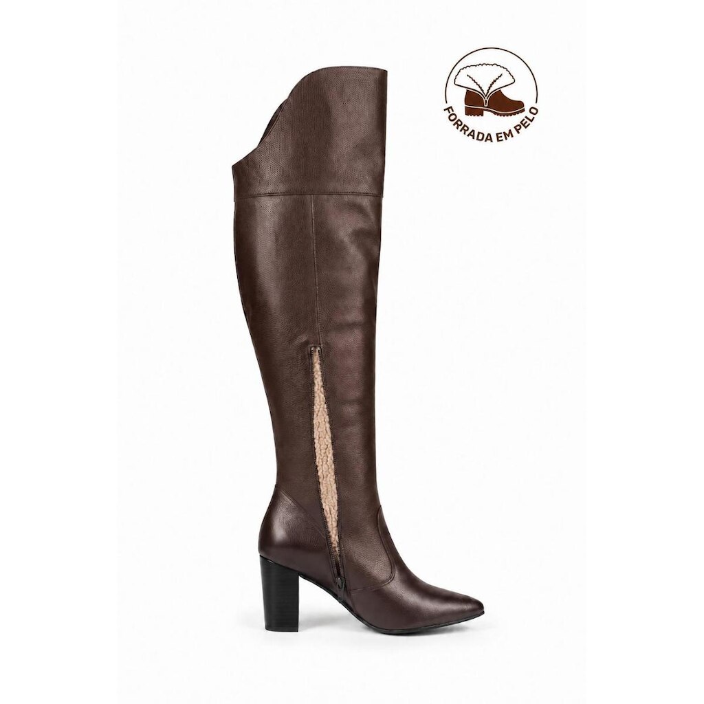 Bota feminina de couro over cano longo com pelo e salto 6586P