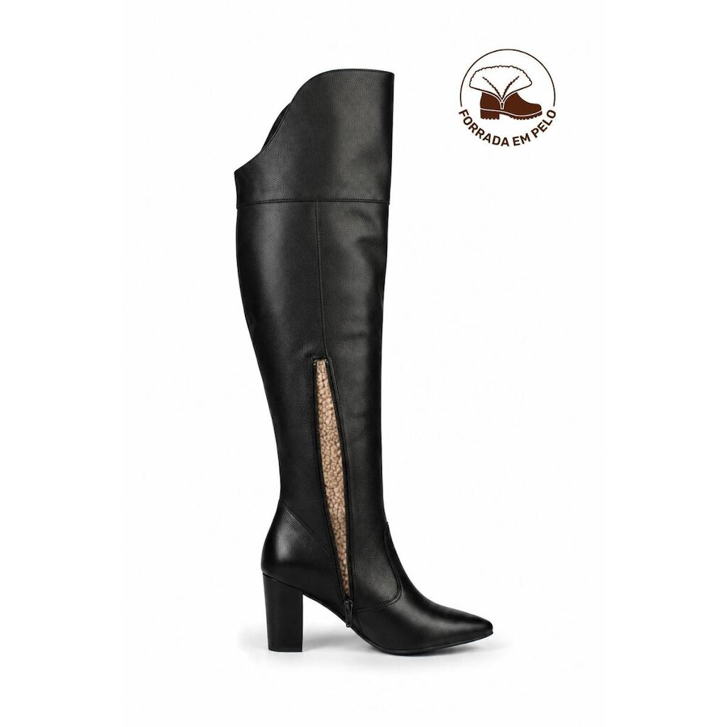 Bota feminina de couro over cano longo com pelo e salto 6586P