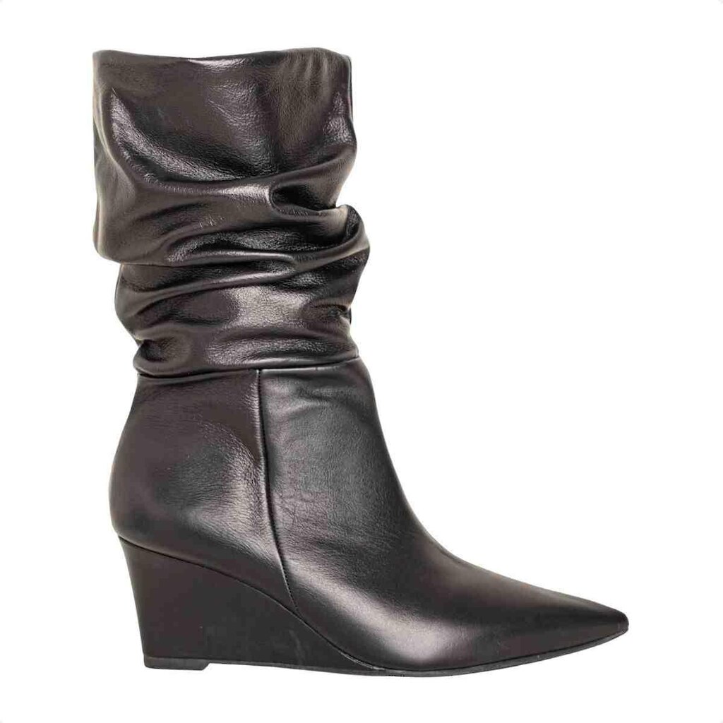 BOTA FEMININA DM CANO ALTO EM COURO COM SALTO ANABELA PRETA