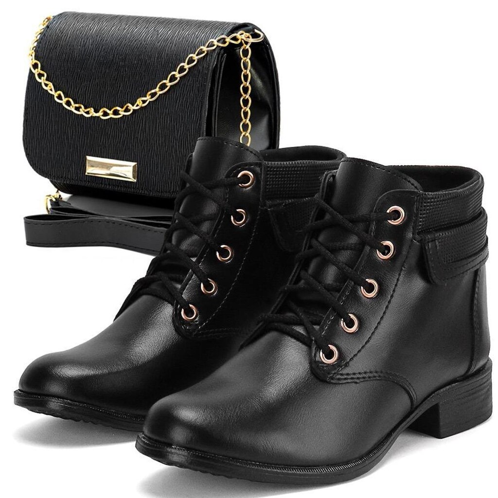 Bota feminina e Bolsa de inverno forrada com pele sintética